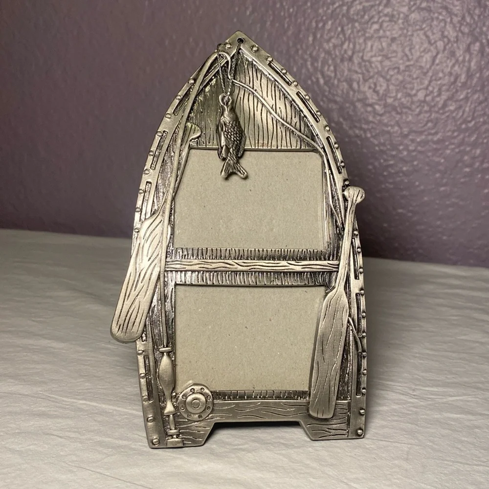 Sixtrees Vintage Pewter Heavy Double Fishing Themed Photo Frame 3x2 NWOT